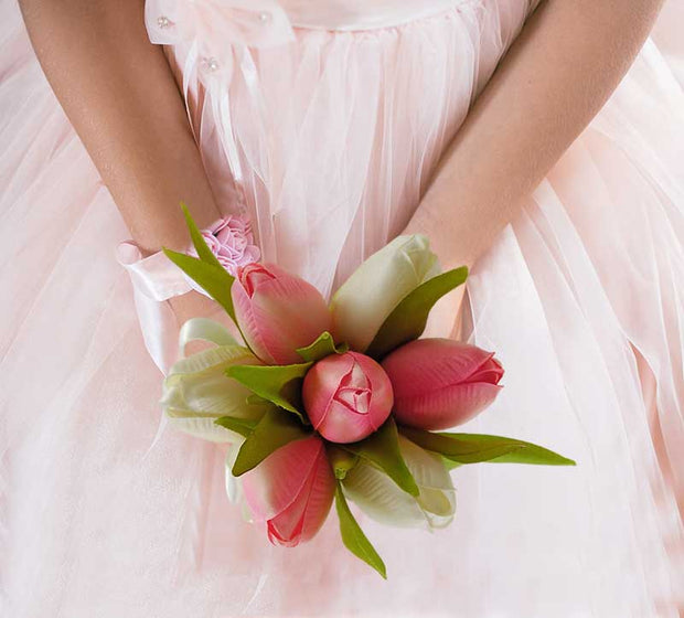 Brides Pink & Ivory Silk Tulip Satin Ribbon Wedding Bouquet