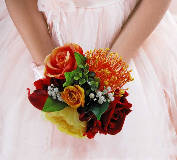 Brides Red Calla Lily, Hydrangea, Lemon Peony & Mustard Rose Wedding Bouquet
