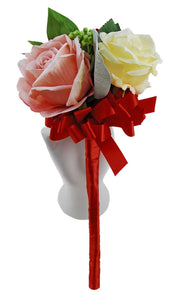 Brides Red Rose, Lemon Peony, Peach Silk Roses & Berry Wedding Bouquet