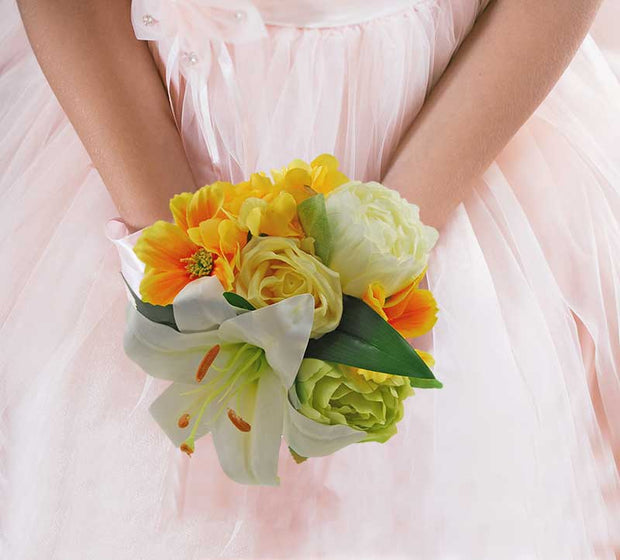 Brides Yellow Silk Hydrangea, Cosmos, Green Peony Wedding Shower Bouquet