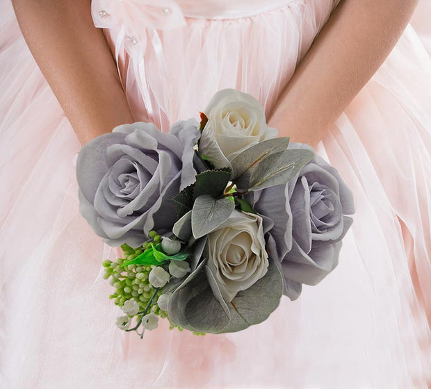 Brides Blue Grey, Ivory Silk Rose & Green Berry Wedding Bouquet