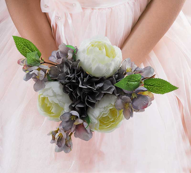 Brides Blue Grey Silk Cherry Blossom, Dark Grey Hydrangea & Ivory Peony Wedding Bouquet