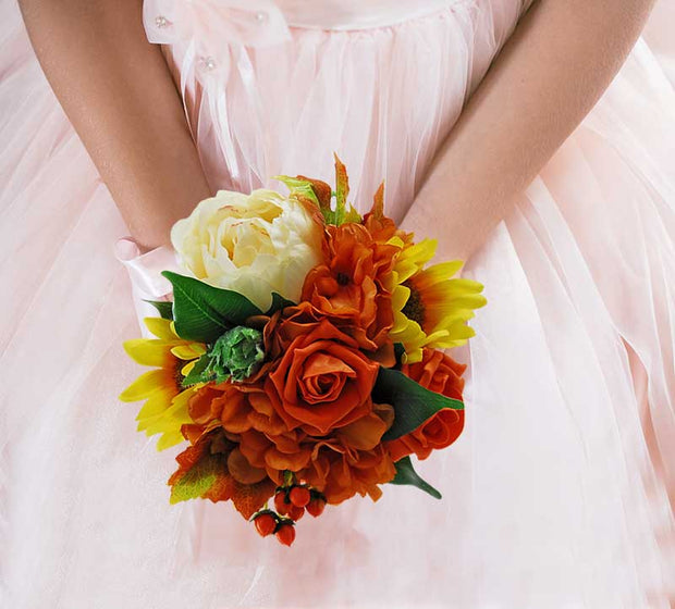 Brides Burnt Orange Hydrangea, Yellow Silk Sunflower, Cream Peony & Hyperium Wedding Bouquet