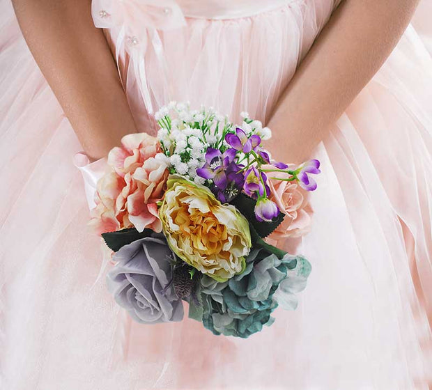 Brides Dusky Pink Rose, Hydrangea, Purple Delphinium & Lemon Peony Wedding Bouquet