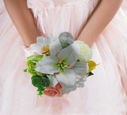 Brides Lime Silk Peony, Yellow Calla Lily & Peach Rose Wedding Bouquet
