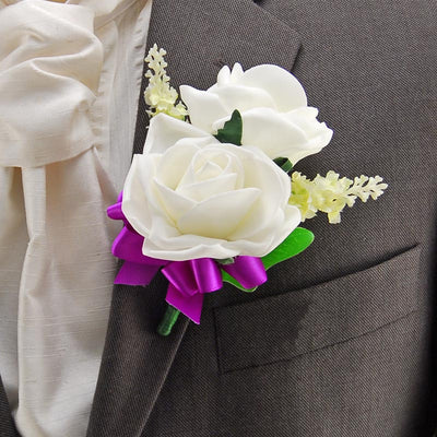 Grooms Double Ivory Rose & Silk Lavender Wedding Buttonhole