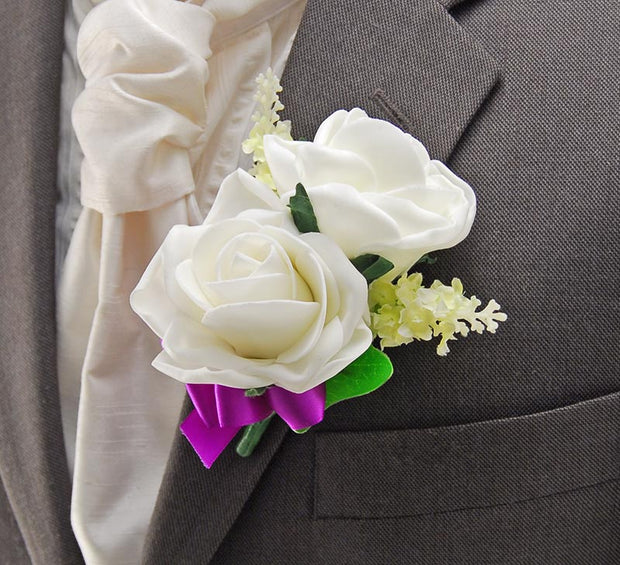 Grooms Double Ivory Rose & Silk Lavender Wedding Buttonhole