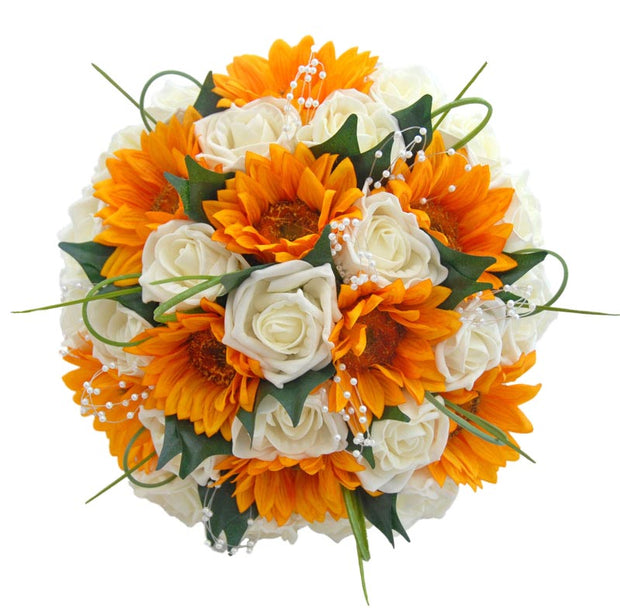 Brides Golden Silk Sunflower, Pearl & Ivory Rose Wedding Bouquet