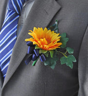 Golden Silk Sunflower & Navy Bow Wedding Guest Buttonhole