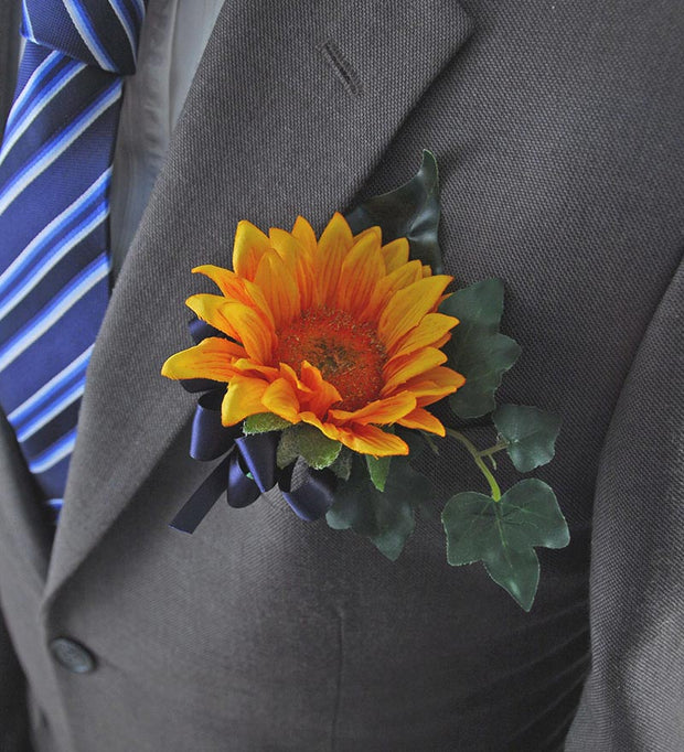 Golden Silk Sunflower & Navy Bow Wedding Guest Buttonhole