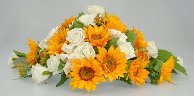 Golden Silk Sunflower & Ivory Diamante Rose Wedding Top Table Arrangement