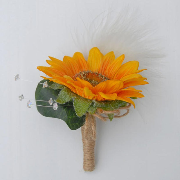 Grooms Golden Sunflower, Crystal & Feather Twine Stem Wedding Buttonhole