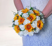 Golden Silk Sunflower & Ivory Rose Bridal Wedding Bouquet