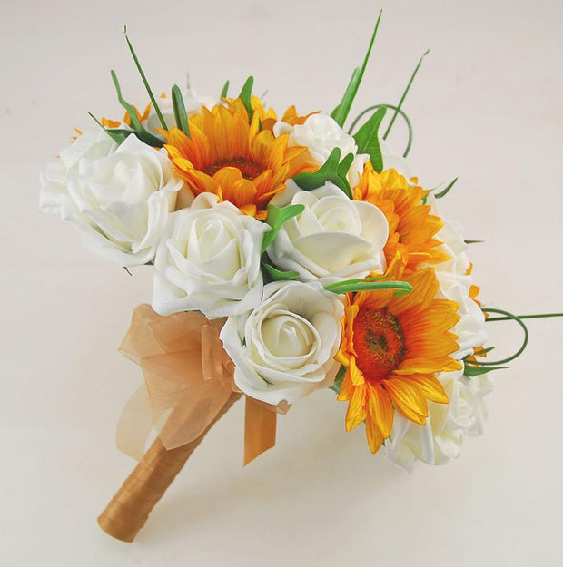 Golden Silk Sunflower & Ivory Rose Bridal Wedding Bouquet