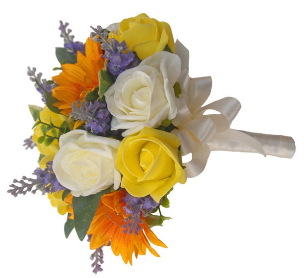 Bridesmaids Golden Sunflower, Lemon Rose & Lavender Wedding Bouquet