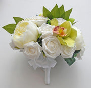 Brides Green Orchid, Cream Peony & White Rose Wedding Bouquet