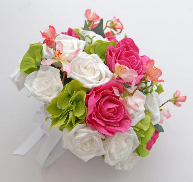 Green Hydranga, Pink & White Rose & Cherry Blossom Bridal Bouquet