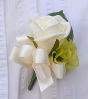 Green Hydrangea Spray & Ivory Rose Wedding Day Buttonhole