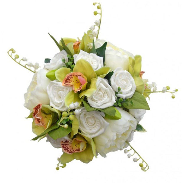 Bridesmaids Green Orchid, Ivory Peony & Rose Wedding Bouquet