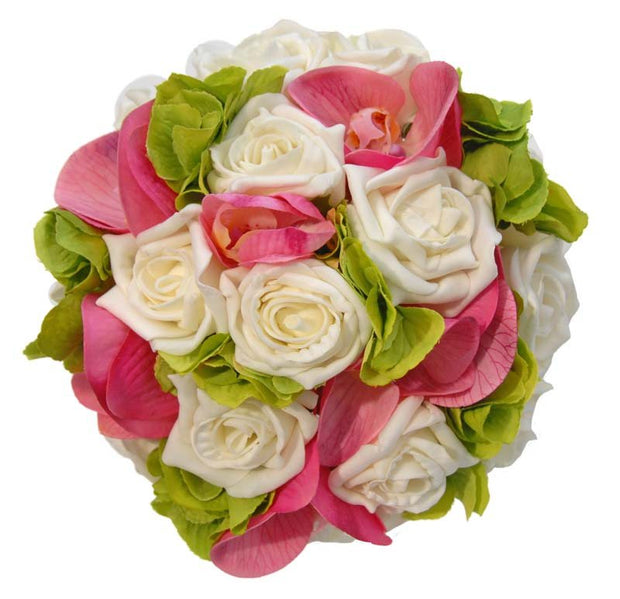 Bridesmaids Green Silk Hydranga, Pink Orchid & Ivory Rose Wedding Posy