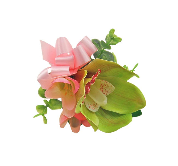 Green Orchid & Pink Silk Freesia Wedding Pin Corsage