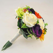 Brides Green Silk Orchid, Purple Anemone & Orange Sunflower Wedding Bouquet