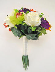 Brides Green Silk Orchid, Purple Anemone & Orange Sunflower Wedding Bouquet