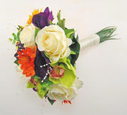 Brides Green Silk Orchid, Purple Anemone & Orange Sunflower Wedding Bouquet