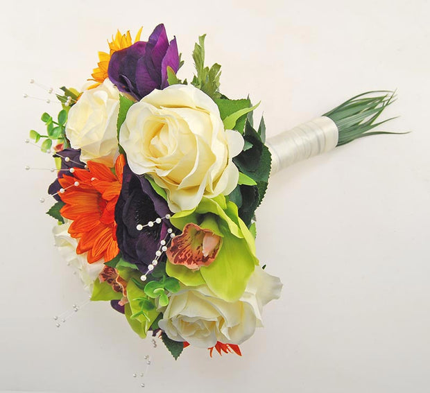 Brides Green Silk Orchid, Purple Anemone & Orange Sunflower Wedding Bouquet