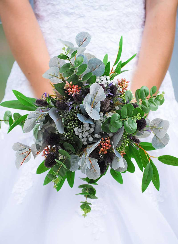 Green, Silver Foliage Leaf, Purple Thistle & Berry Bridal Wedding Bouquet