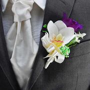 Grooms Ivory Orchid, Stephanotis & Purple Silk Lisianthus Wedding Buttonhole