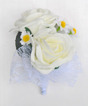 Groom’s Double Ivory Rose & Silk Daisy Wedding Buttonhole with Lace Bow