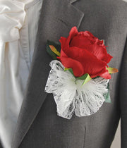 Grooms Large Silk Red Rose Wedding Buttonhole with Lace Bow