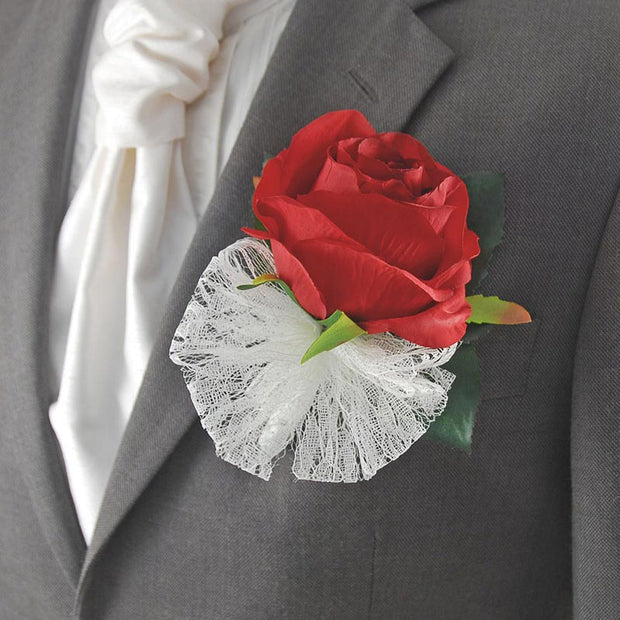 Grooms Large Silk Red Rose Wedding Buttonhole with Lace Bow
