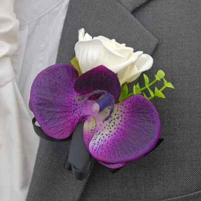 Grooms Ivory Foam Rose, Purple Silk Orchid & Eucalyptus Wedding Buttonhole