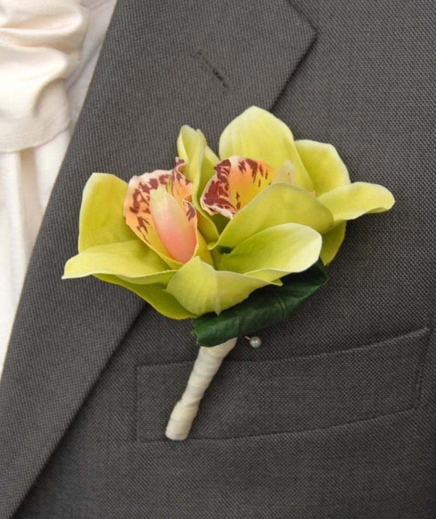 Grooms Double Green Silk Cymbidium Orchid & Diamante Buttonhole