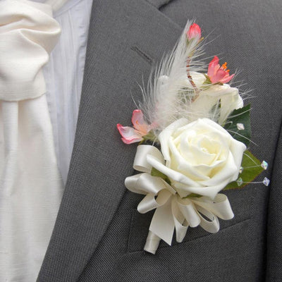 Grooms Ivory Rose, Cherry Blossom &Feather Wedding Buttonhole