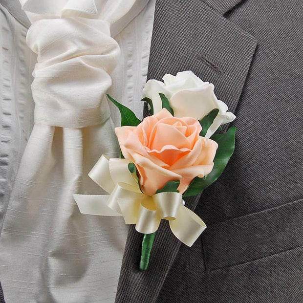 Grooms Peach & Ivory Foam Rose Satin Bow Wedding Day Buttonhole