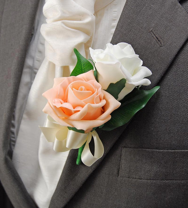 Grooms Peach & Ivory Foam Rose Satin Bow Wedding Day Buttonhole