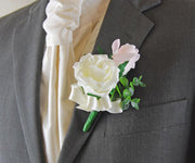 Grooms Pink, Ivory Foam Rose & Eucalyptus Wedding Day Buttonhole