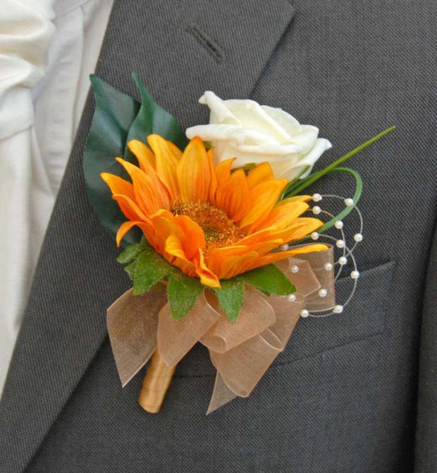 Brides Golden Silk Sunflower, Pearl & Ivory Rose Wedding Bouquet