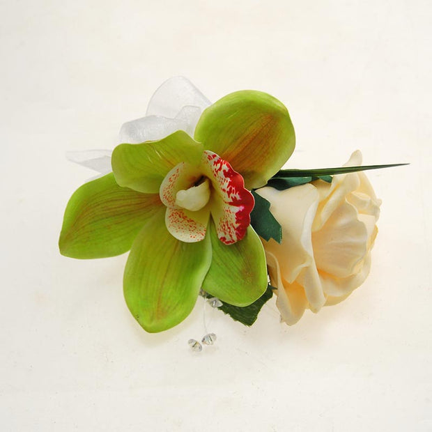 Grooms Green Silk Orchid, Cream Rose & Crystal Wedding Buttonhole
