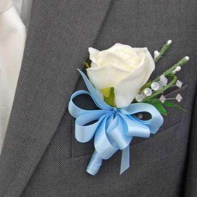 Grooms Ivory Rose, Crystal & Heather Buttonhole with Blue Satin Ribbon