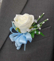 Grooms Ivory Rose, Crystal & Heather Buttonhole with Blue Satin Ribbon