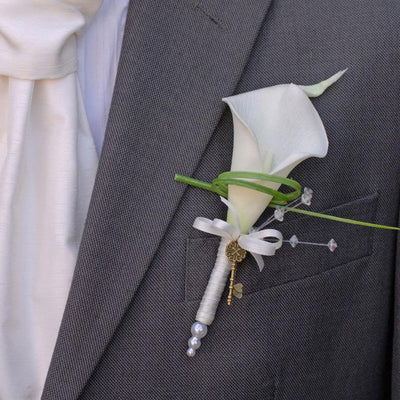 Grooms Ivory Calla Lily, Crystal & Vintage Key Wedding Buttonhole
