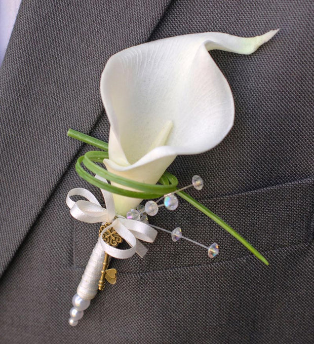 Grooms Ivory Calla Lily, Crystal & Vintage Key Wedding Buttonhole