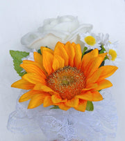 Grooms Ivory Rose, Silk Daisy & Golden Sunflower Wedding Buttonhole