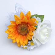 Grooms Ivory Rose, Silk Daisy & Golden Sunflower Wedding Buttonhole