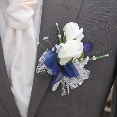 Grooms Ivory Rose, Thistle, Heather & Crystal Buttonhole with Navy Ribbon