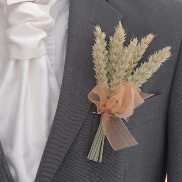 Grooms Natural Dried Wheat Wedding Buttonhole with Gold Organza Ribbon
